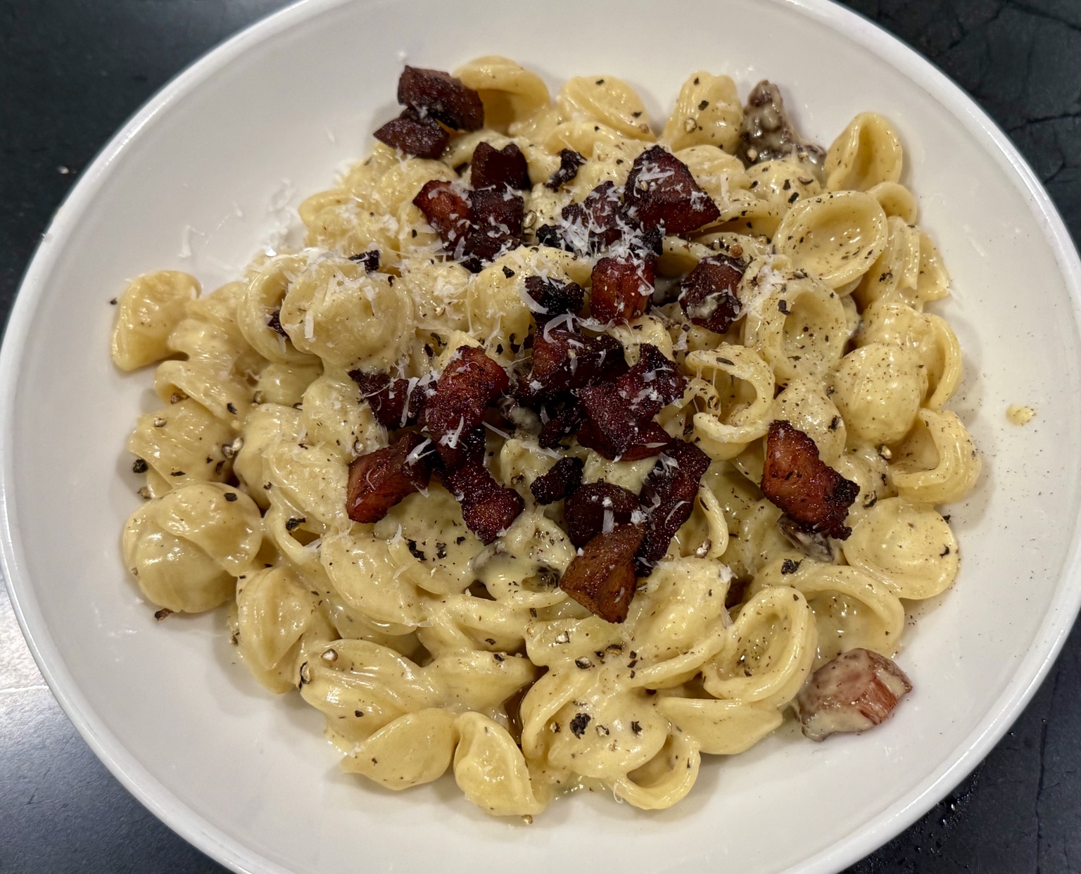 Creamy Orecchiette Carbonara with Crisp Pancetta