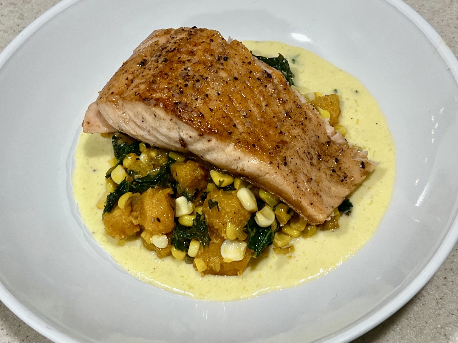 Crispy Salmon with Charred Corn Succotash